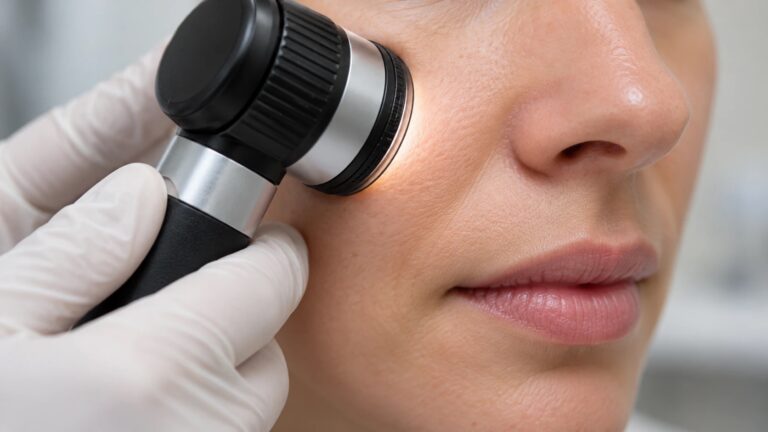 Dermatologista examina a pele do rosto com dermatoscópio para diagnóstico de carcinoma basocelular