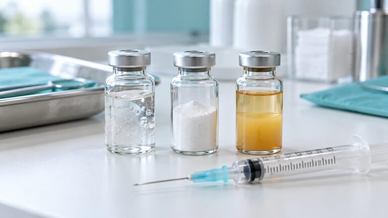 Frascos com ácido hialurônico, bioestimulador em pó e gordura processada, ao lado de uma seringa
